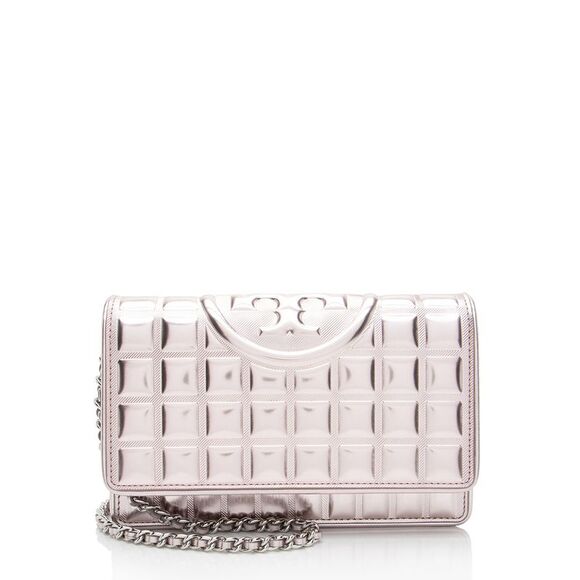 Tory Burch Metallic Square Quilted Leather Fleming Soft Wallet on Chain